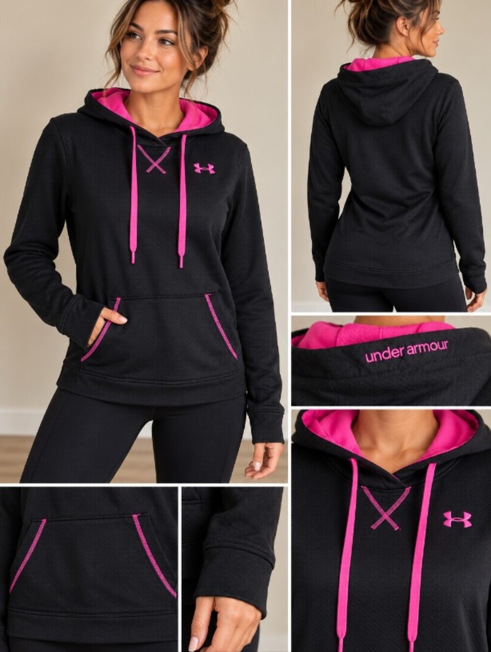 Under Armour Black Pink Loose Fit Athletic Athleisure Pullover Hoodie M